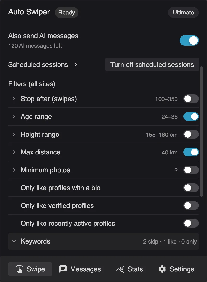 The Keywords filter opened in the Auto Swiper popup, showing the Skip if profile mentions and Always like if profile mentions lists