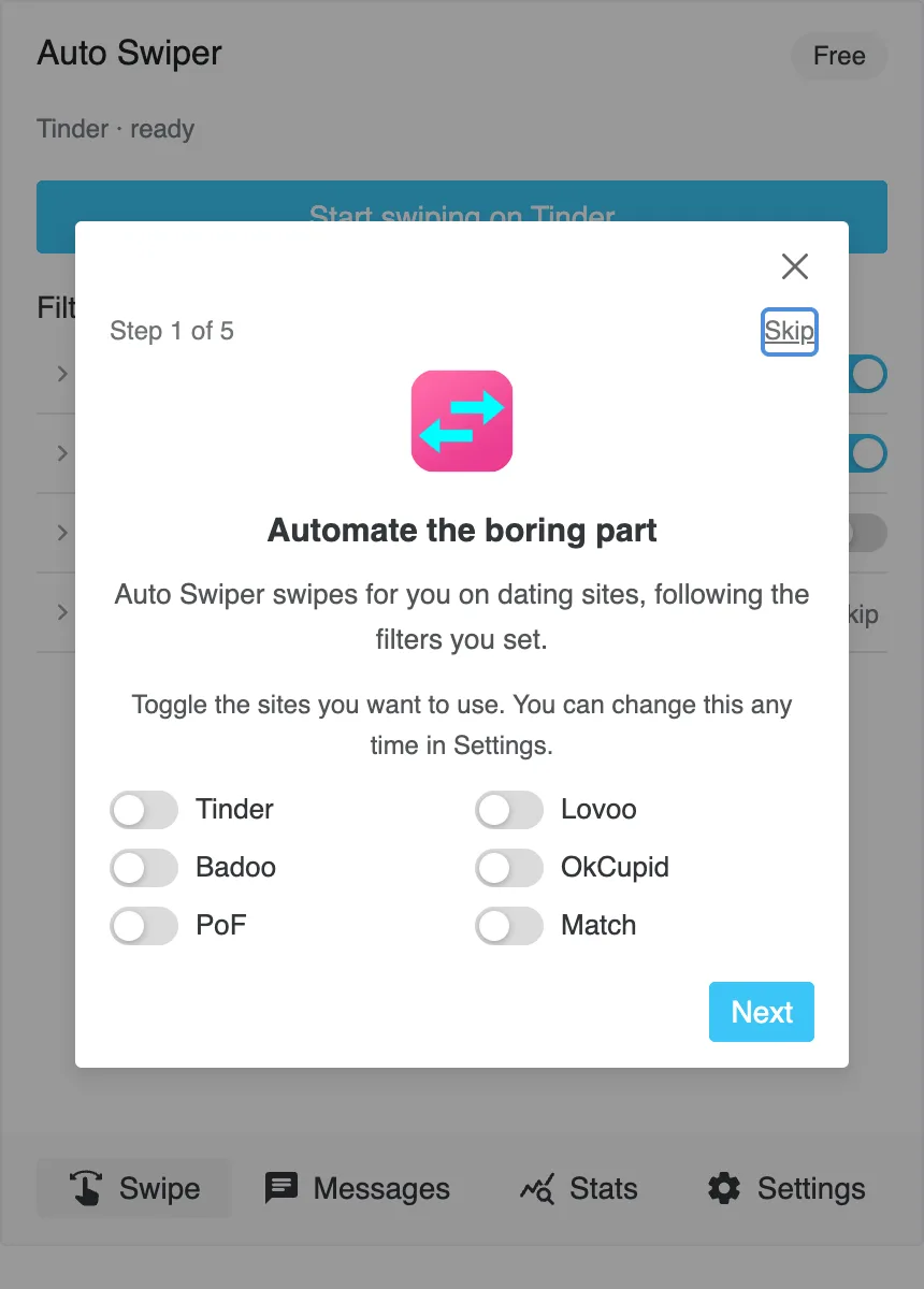 The first-run guide shown inside the Auto Swiper popup