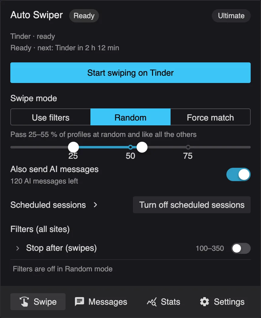 The Auto Swiper popup with Random selected as the swipe mode and the percentage range visible