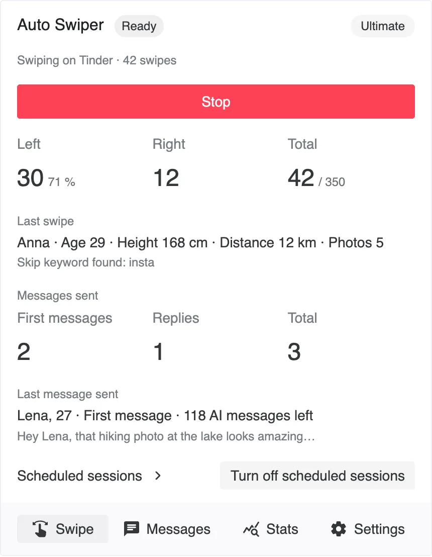 The Auto Swiper popup during a session with the red Stop button, left, right and total swipe counts and the last swipe