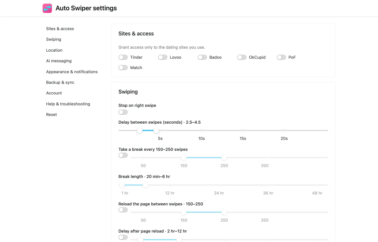 The Auto Swiper settings page open in a browser tab with the section menu on the left