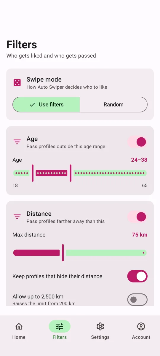 Filters tab of the Auto Swiper Android app with Swipe mode, Age and Distance, including Keep profiles that hide their distance