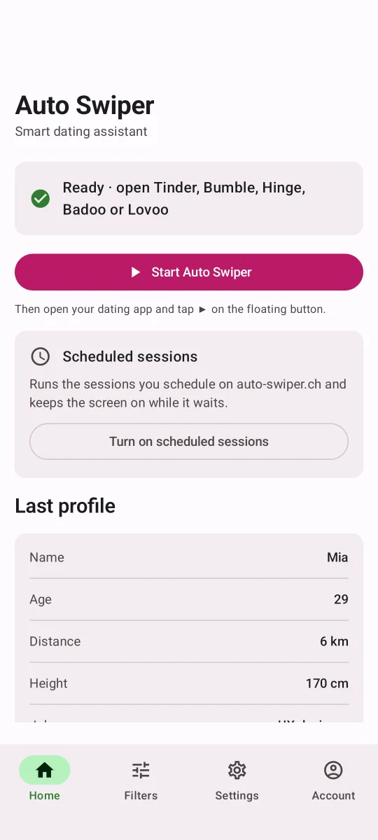 Auto Swiper Android home screen: Ready · open Tinder, Bumble, Hinge, Badoo or Lovoo, with the Start Auto Swiper button