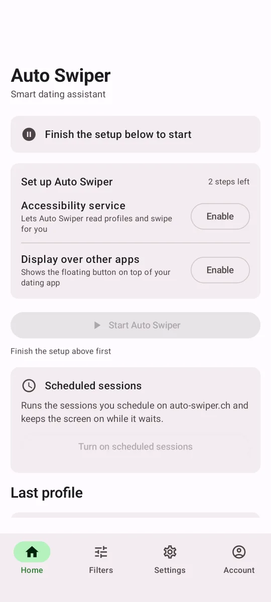 Auto Swiper on Android showing the Set up Auto Swiper checklist with Enable buttons for Accessibility service and Display over other apps