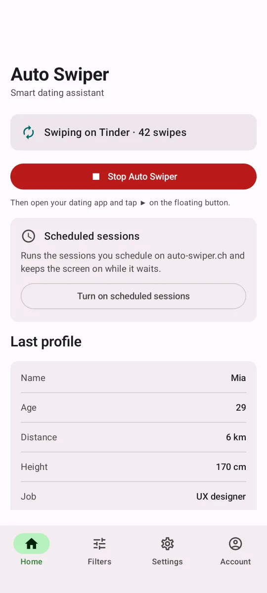 Auto Swiper on Android while it runs: Swiping on Tinder · 42 swipes, a red Stop Auto Swiper button and the last profile it read