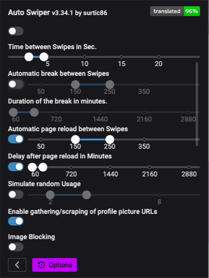 Automatic Page Reload extension interface showing toggle switch and reload settings