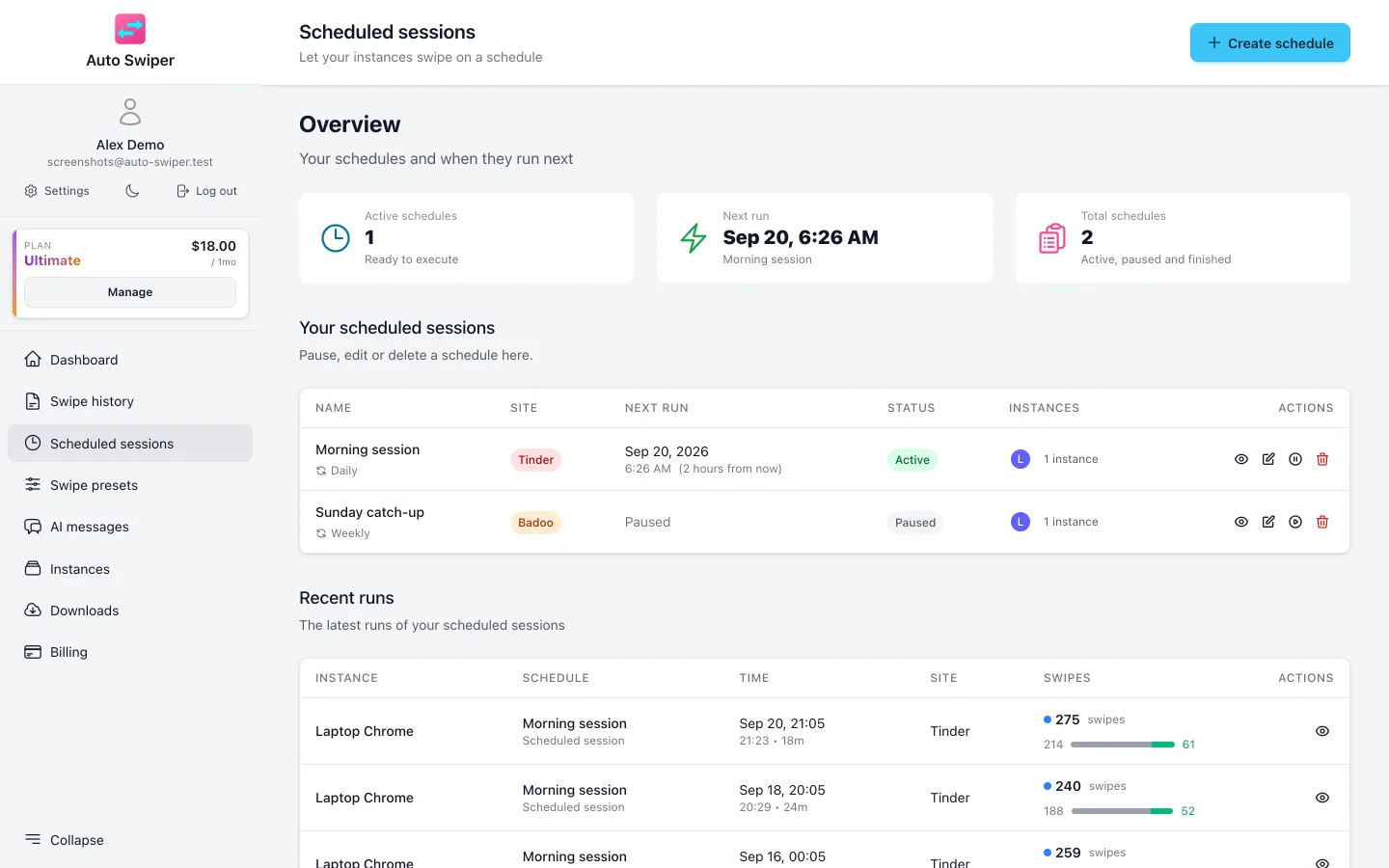 The Scheduled sessions page in the Auto Swiper dashboard, listing schedules with their site, next run, status and instances