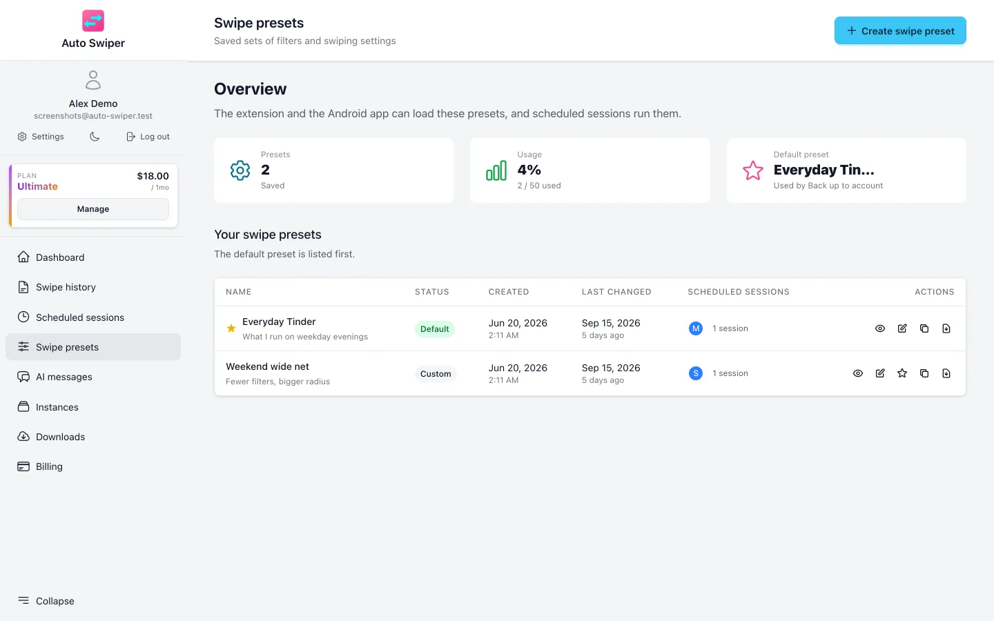 The Swipe presets page in the Auto Swiper dashboard, listing saved presets with the default one marked