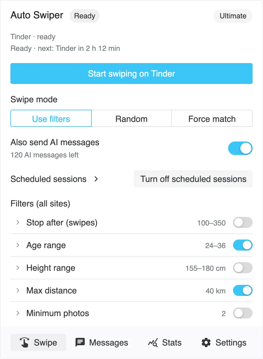Auto Swiper popup with the Start swiping on Tinder button, the Swipe mode row and the Also send AI messages switch