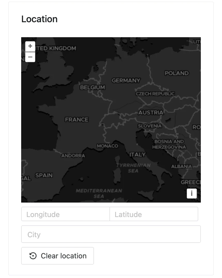 Location section of the Auto Swiper settings page: a map, longitude and latitude fields, a city search and a Clear location button