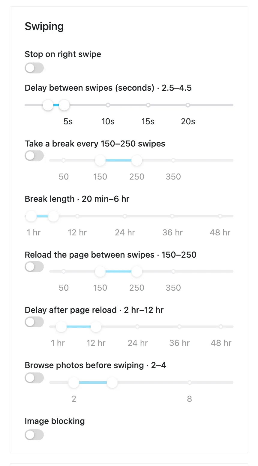 The Swiping section of the Auto Swiper settings page: delay between swipes, breaks, Reload the page between swipes and Delay after page reload
