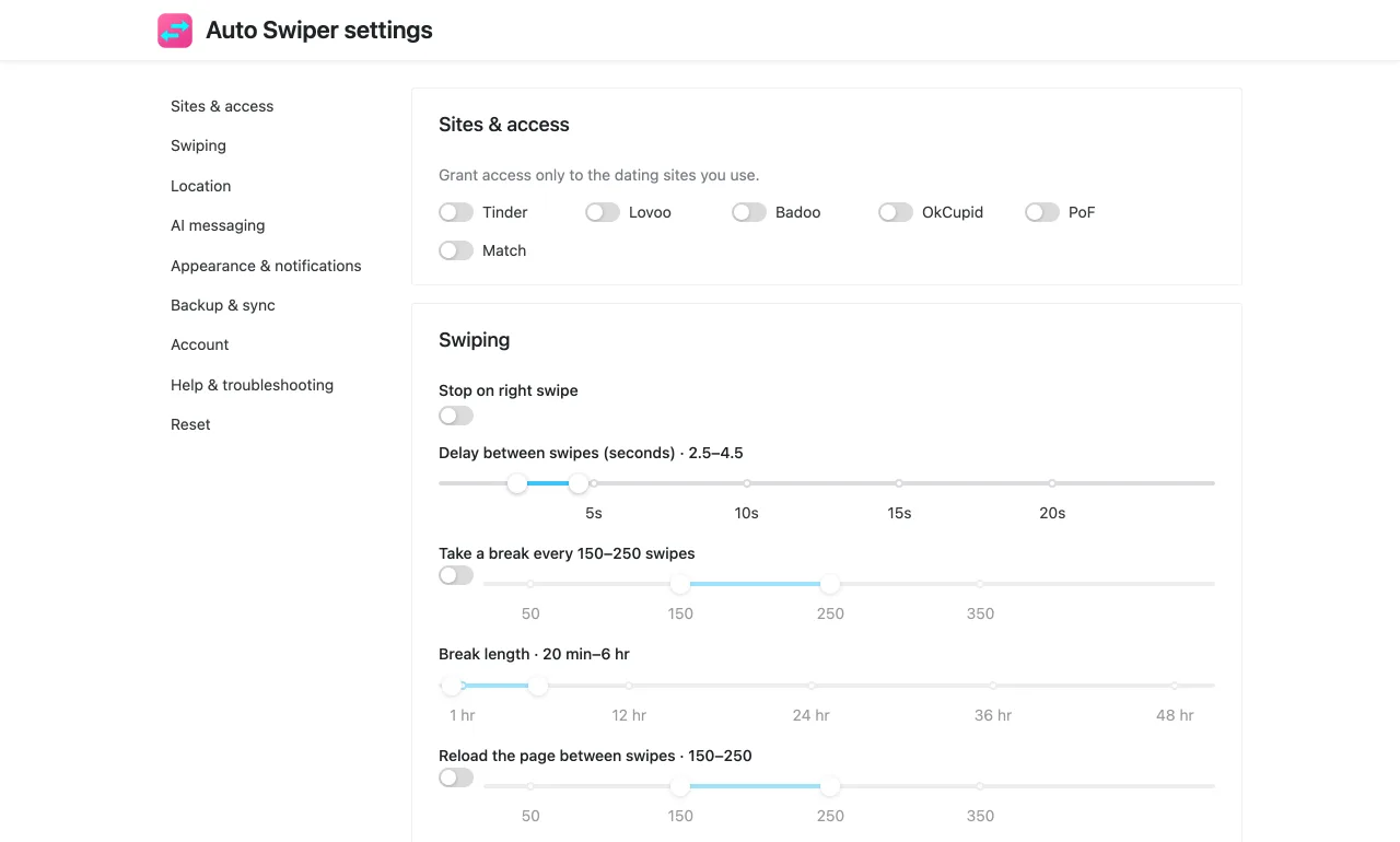 The Auto Swiper settings page open in a browser tab, with the section nav and the Sites & access and Swiping sections