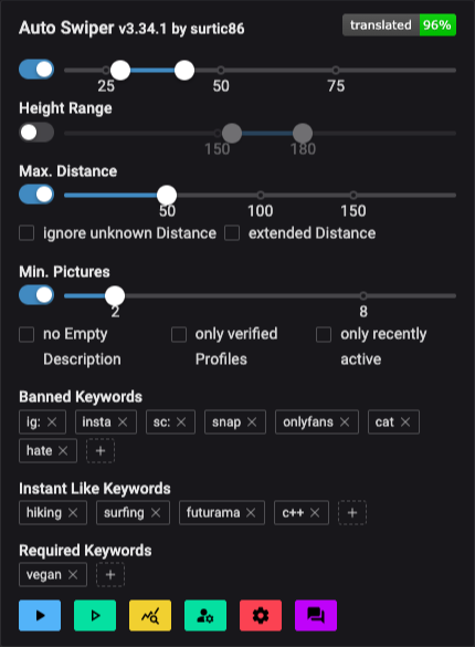 Keyword Filtering extension interface showing banned words, preferred words, and required words lists