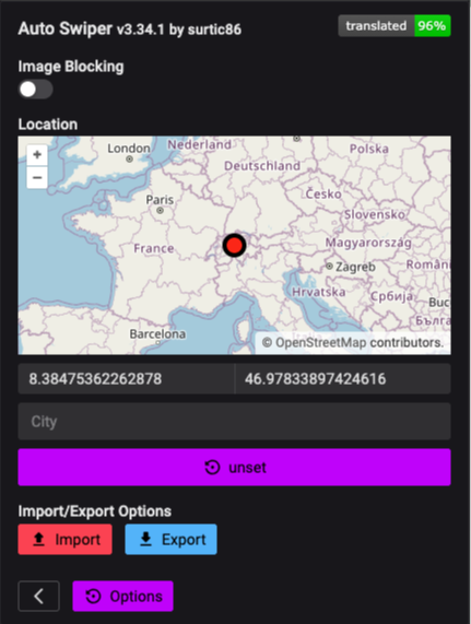 Location Spoofing extension interface showing city search and location selection