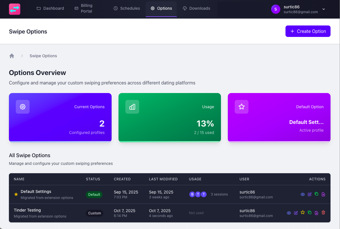 Multiple Swipe Options dashboard showing different swipe profiles with various filter settings