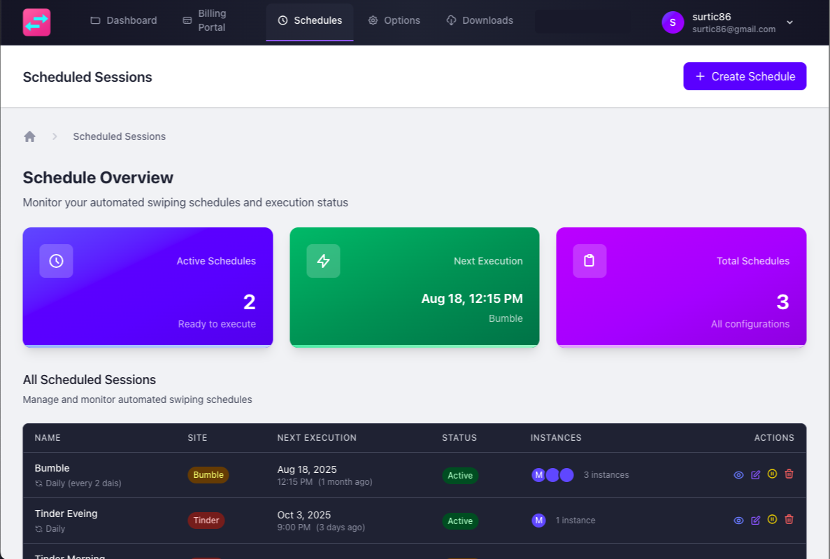 Scheduled Sessions Interface showing active schedules for Morning Session, Evening Session, and Weekend Boost